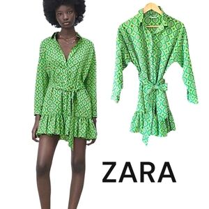 NEW *** Zara Green GEOMETRIC MINI  SHIFT DRESS SIZE  S